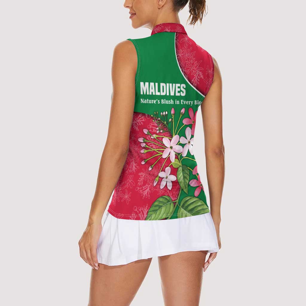 Maldives Floral Bloom Women Sleeveless Polo Shirt with Tropical Island Blossoms and National Flag Design