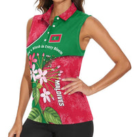 Maldives Floral Bloom Women Sleeveless Polo Shirt with Tropical Island Blossoms and National Flag Design