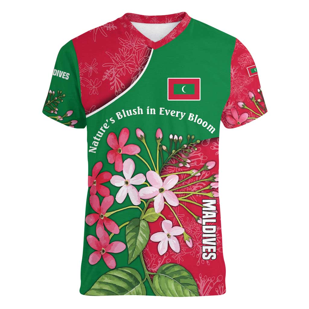 Maldives Floral Bloom Women V-Neck T-Shirt with Tropical Island Blossoms and National Flag Design