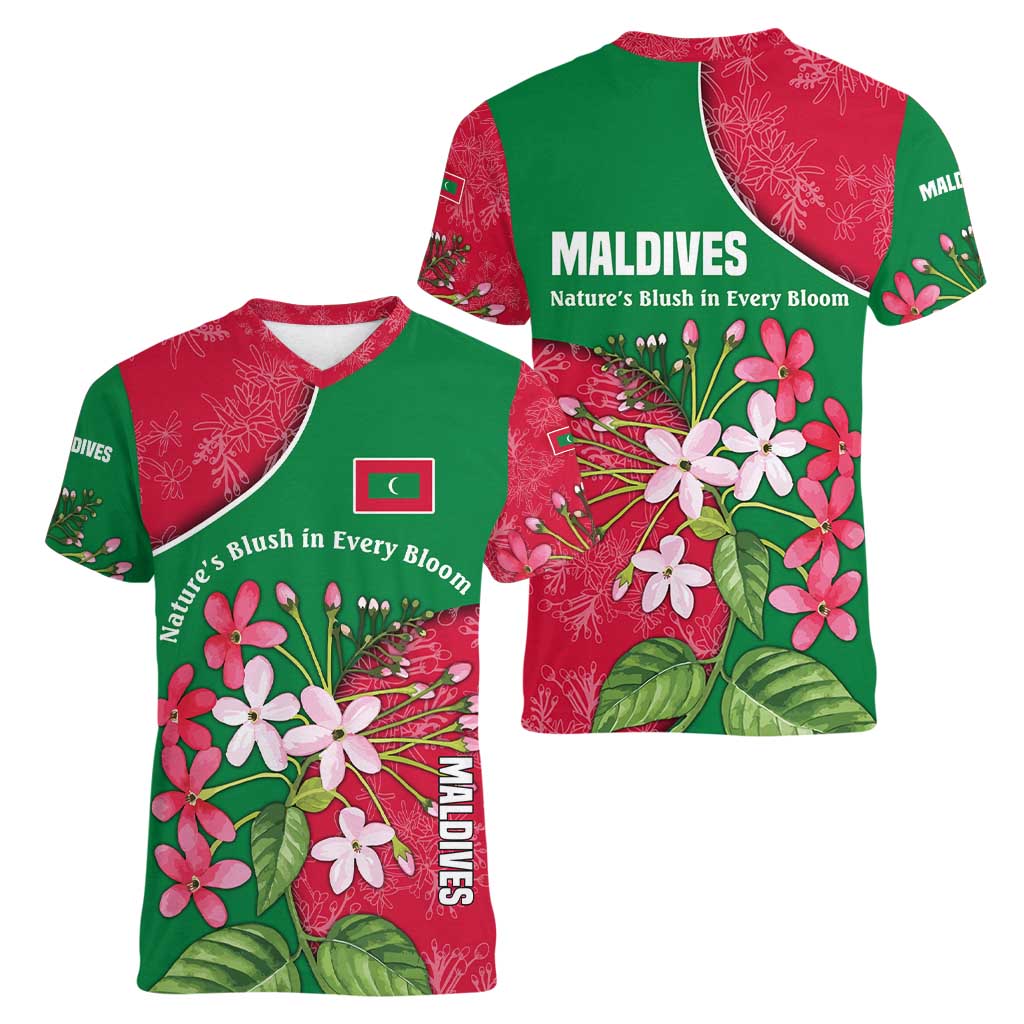 Maldives Floral Bloom Women V-Neck T-Shirt with Tropical Island Blossoms and National Flag Design
