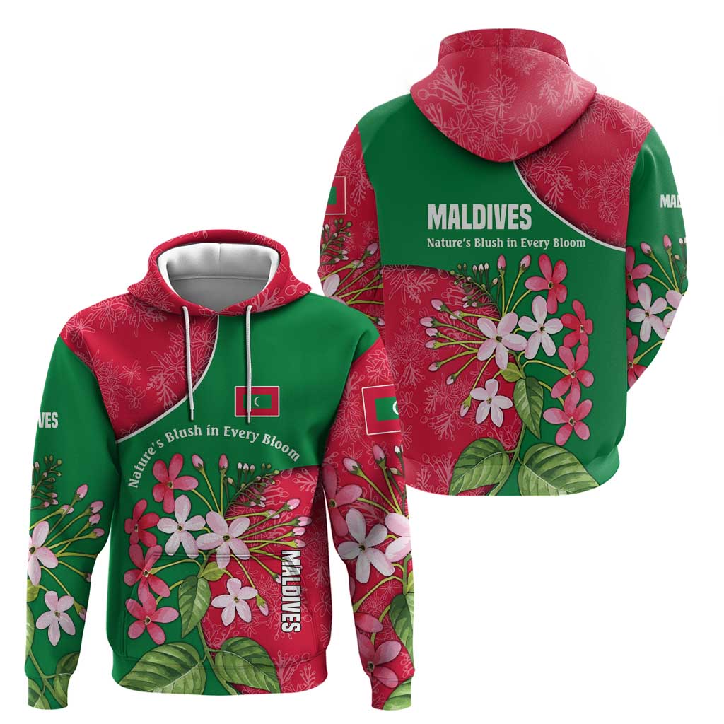 Maldives Floral Bloom Zip Hoodie with Tropical Island Blossoms and National Flag Design
