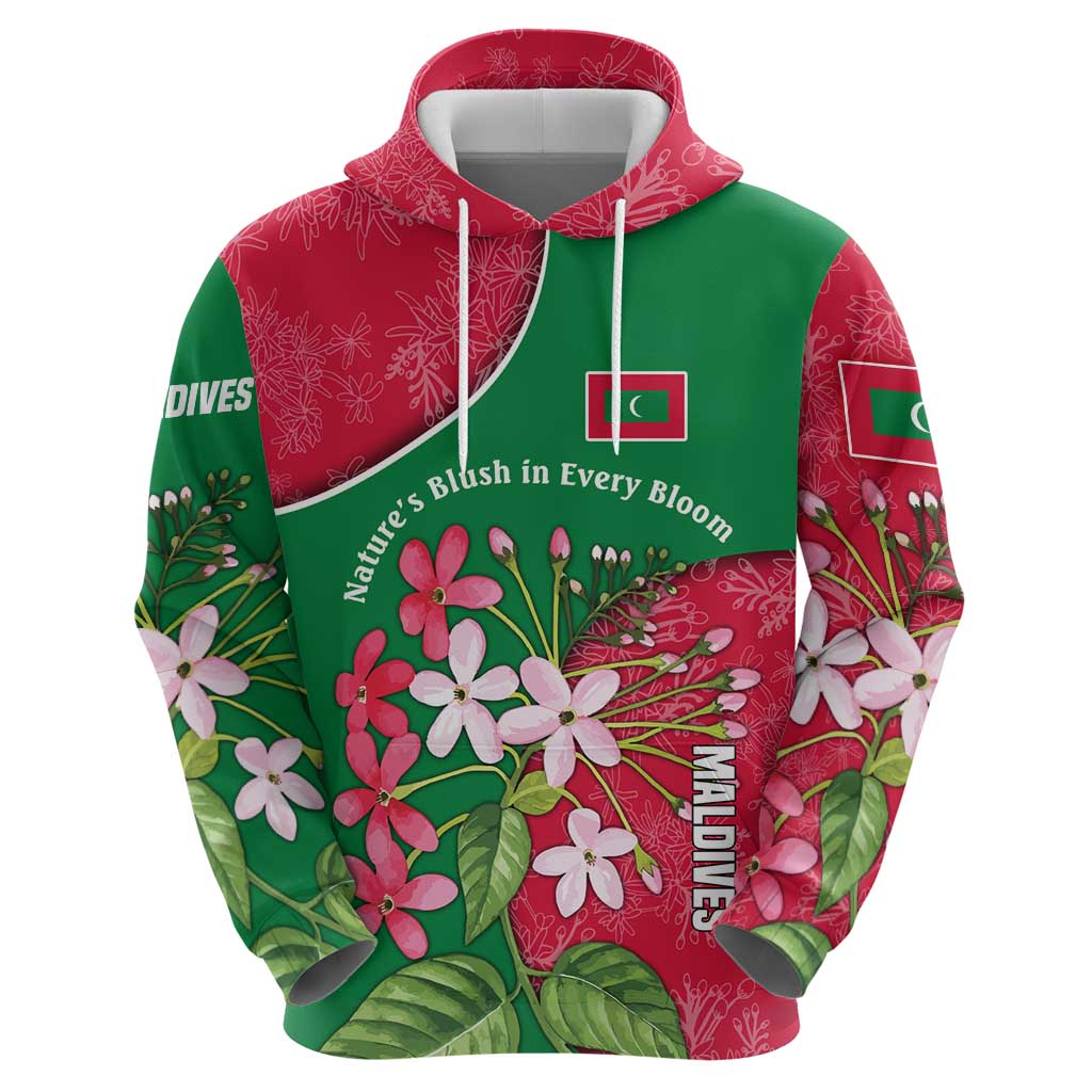 Maldives Floral Bloom Zip Hoodie with Tropical Island Blossoms and National Flag Design