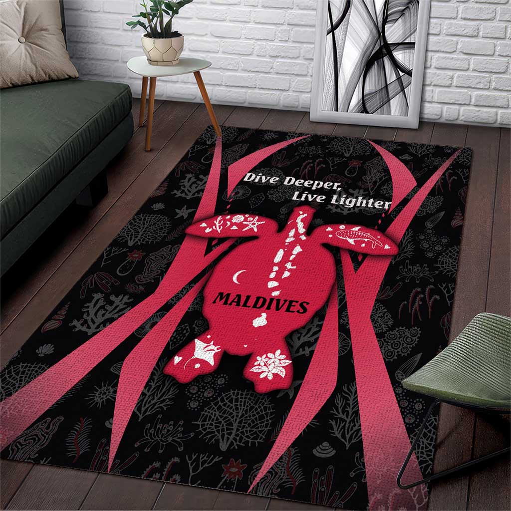 Maldives Dive Turtle Area Rug with Coral Reef Pattern and Island Spirit Slogan