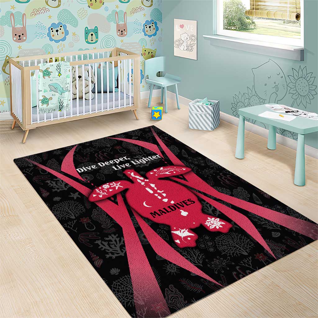 Maldives Dive Turtle Area Rug with Coral Reef Pattern and Island Spirit Slogan