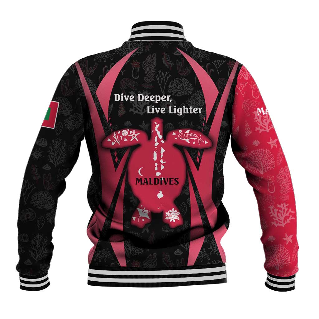 Maldives Dive Turtle Baseball Jacket with Coral Reef Pattern and Island Spirit Slogan