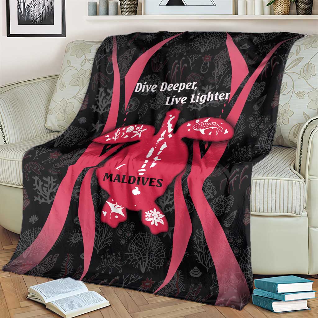 Maldives Dive Turtle Blanket with Coral Reef Pattern and Island Spirit Slogan