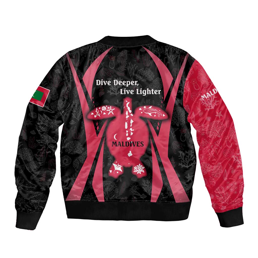 Maldives Dive Turtle Bomber Jacket with Coral Reef Pattern and Island Spirit Slogan