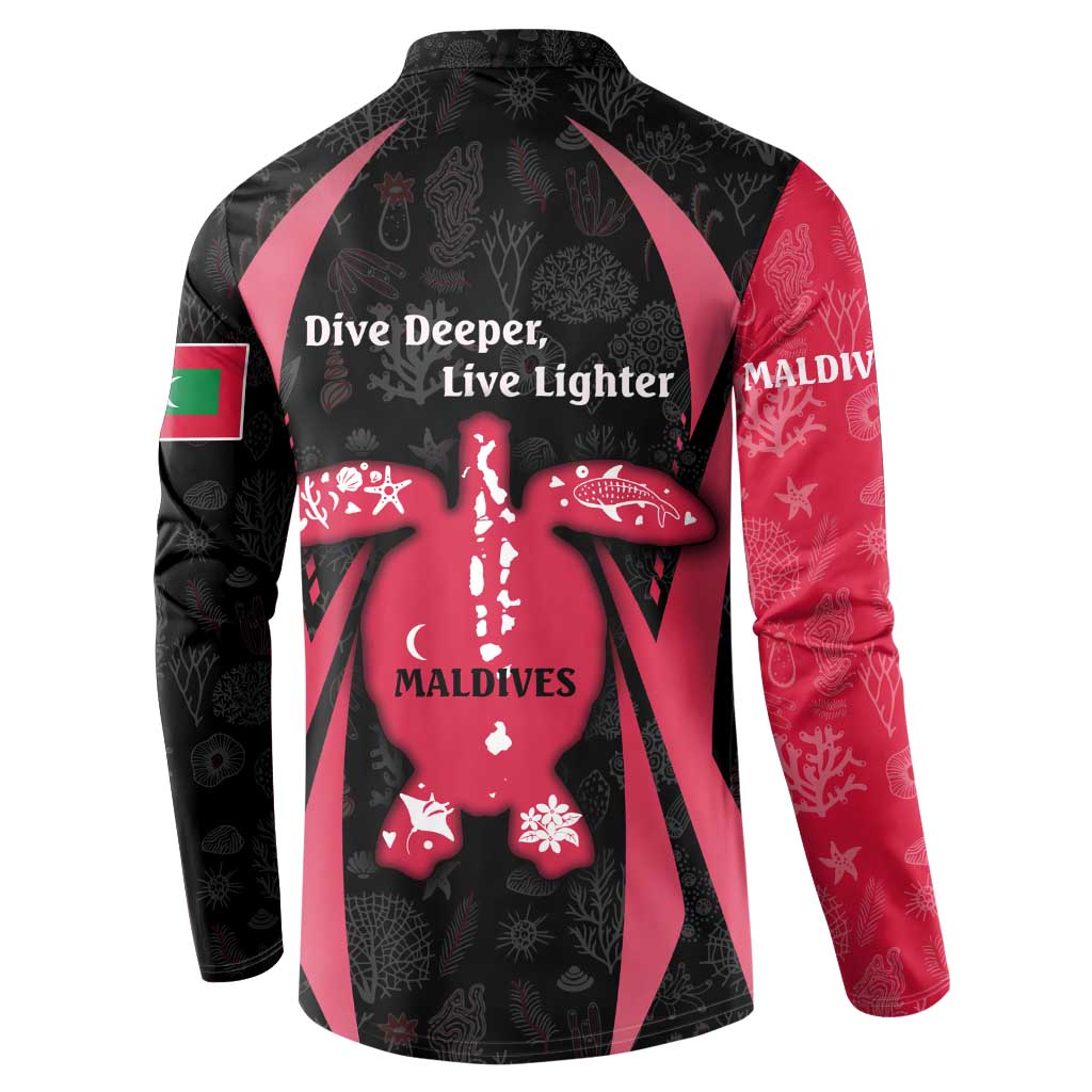 Maldives Dive Turtle Button Sweatshirt with Coral Reef Pattern and Island Spirit Slogan