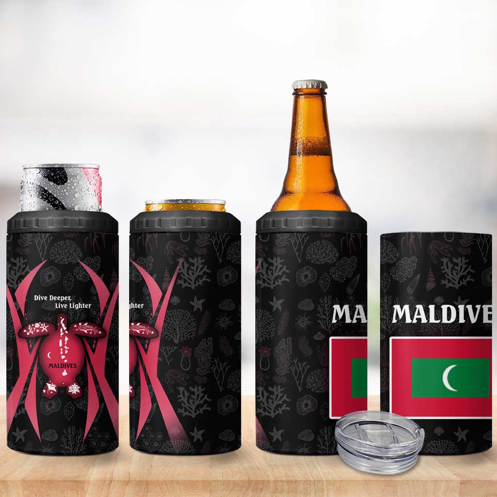 Maldives Dive Turtle 4 in 1 Can Cooler Tumbler with Coral Reef Pattern and Island Spirit Slogan