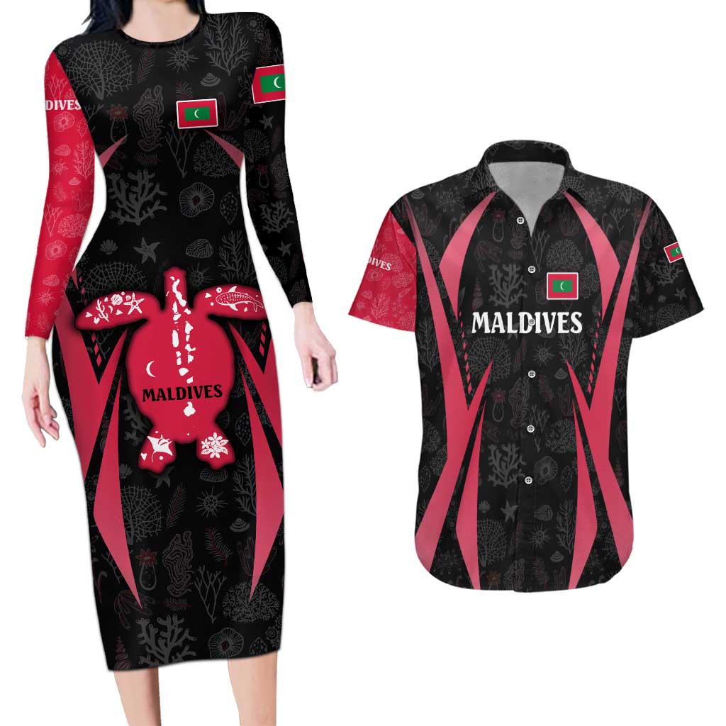 Maldives Dive Turtle Couples Matching Long Sleeve Bodycon Dress and Hawaiian Shirt with Coral Reef Pattern and Island Spirit Slogan