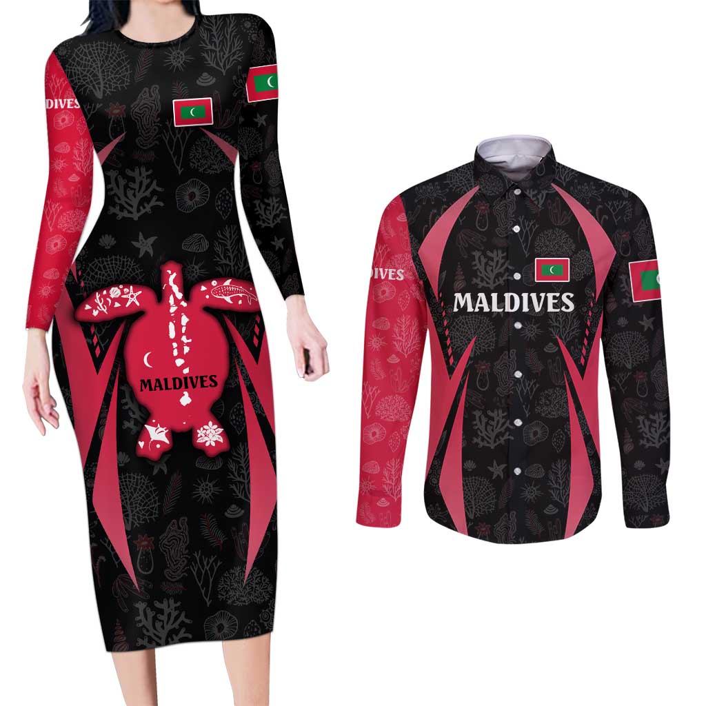 Maldives Dive Turtle Couples Matching Long Sleeve Bodycon Dress and Long Sleeve Button Shirt with Coral Reef Pattern and Island Spirit Slogan