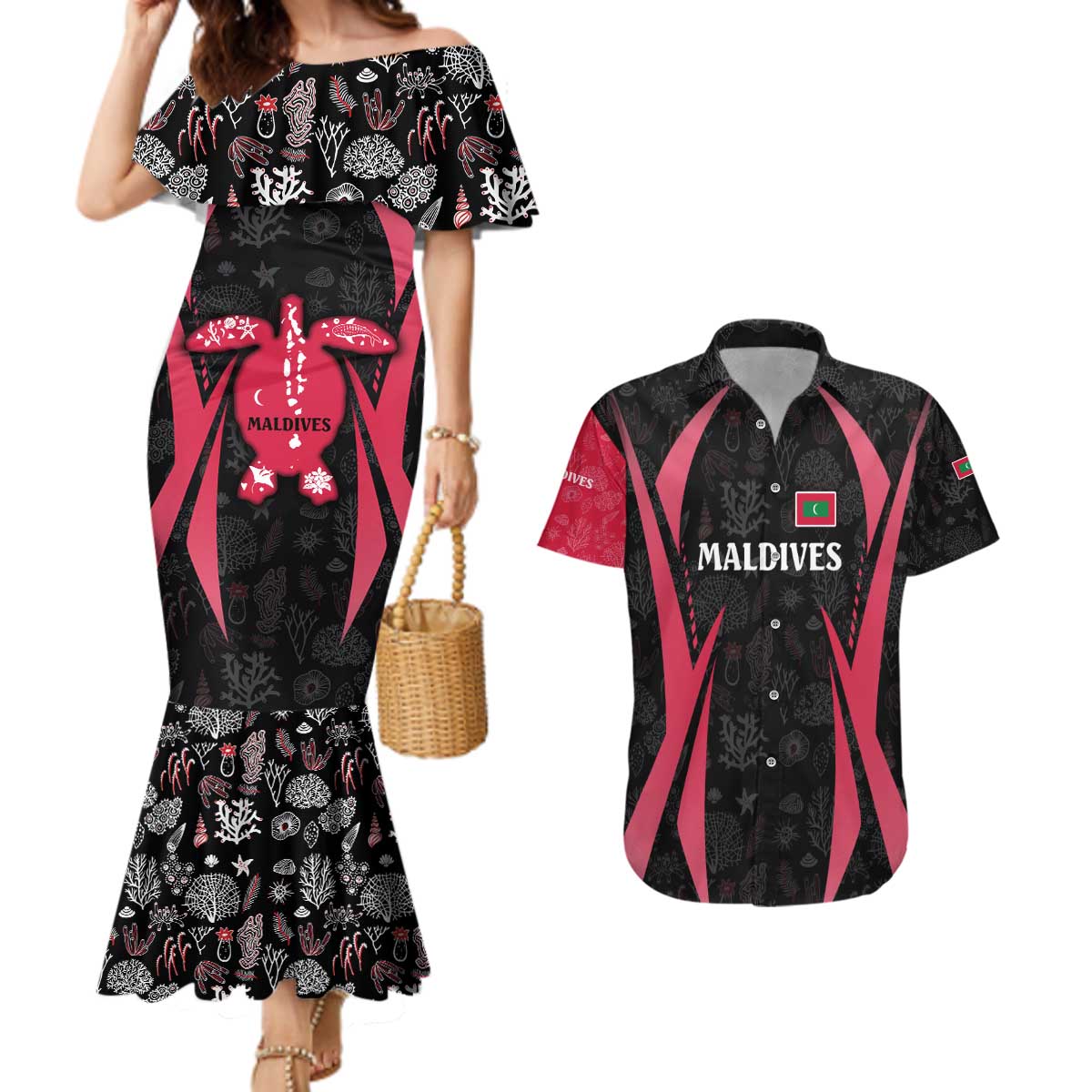 Maldives Dive Turtle Couples Matching Mermaid Dress and Hawaiian Shirt with Coral Reef Pattern and Island Spirit Slogan
