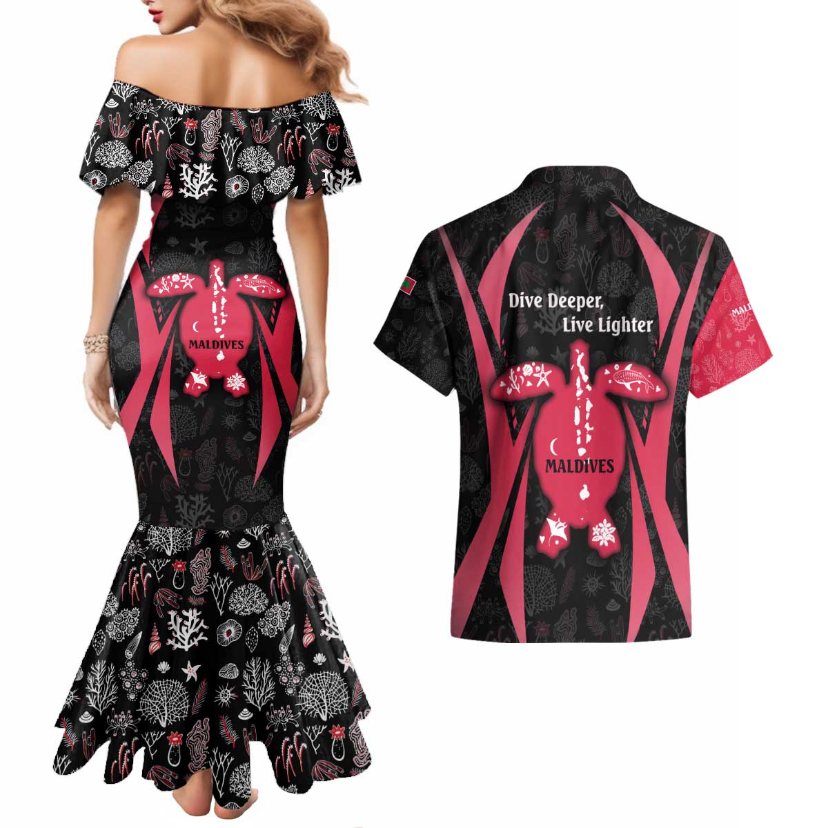 Maldives Dive Turtle Couples Matching Mermaid Dress and Hawaiian Shirt with Coral Reef Pattern and Island Spirit Slogan