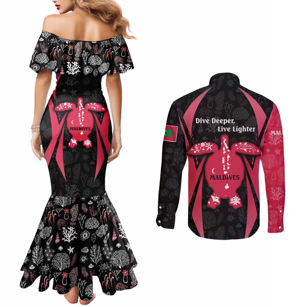 Maldives Dive Turtle Couples Matching Mermaid Dress and Long Sleeve Button Shirt with Coral Reef Pattern and Island Spirit Slogan