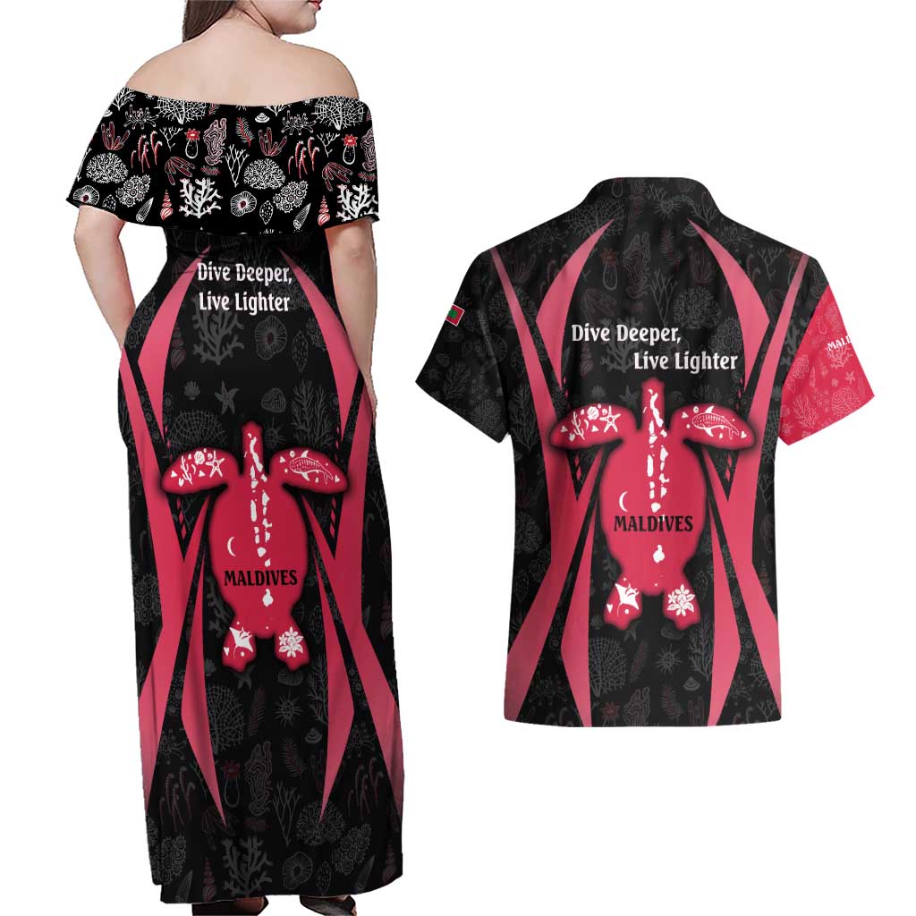 Maldives Dive Turtle Couples Matching Off Shoulder Maxi Dress and Hawaiian Shirt with Coral Reef Pattern and Island Spirit Slogan