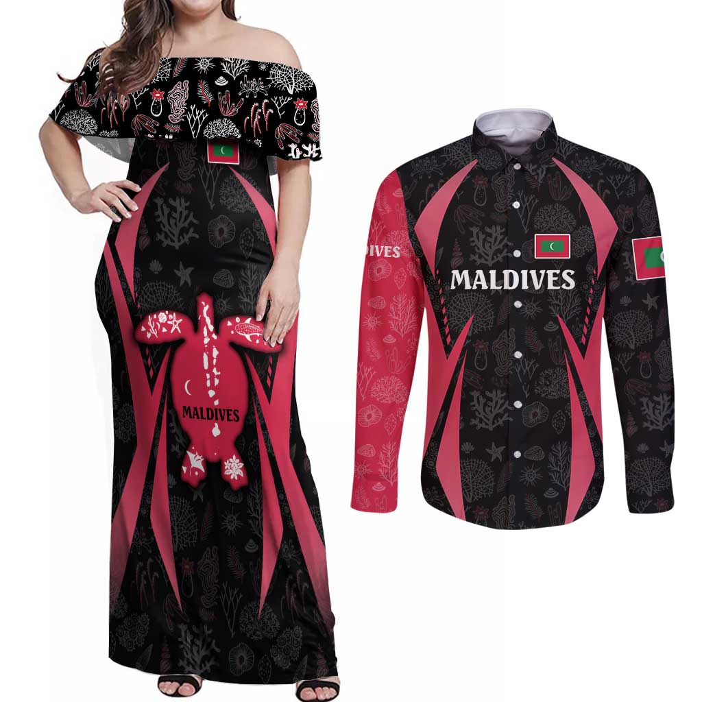 Maldives Dive Turtle Couples Matching Off Shoulder Maxi Dress and Long Sleeve Button Shirt with Coral Reef Pattern and Island Spirit Slogan