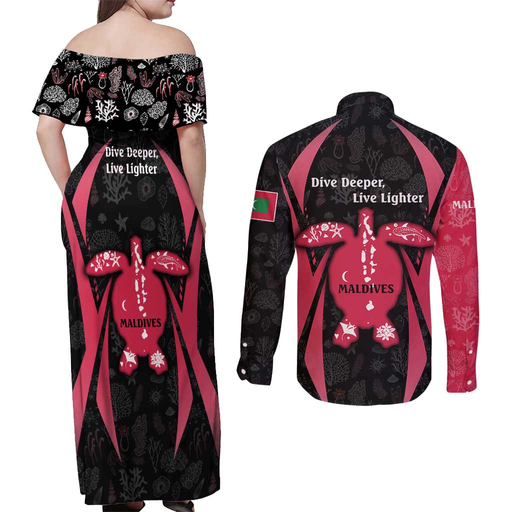 Maldives Dive Turtle Couples Matching Off Shoulder Maxi Dress and Long Sleeve Button Shirt with Coral Reef Pattern and Island Spirit Slogan