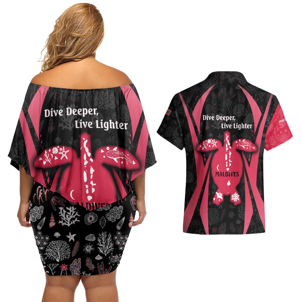 Maldives Dive Turtle Couples Matching Off Shoulder Short Dress and Hawaiian Shirt with Coral Reef Pattern and Island Spirit Slogan