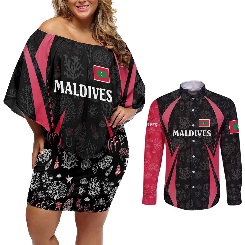 Maldives Dive Turtle Couples Matching Off Shoulder Short Dress and Long Sleeve Button Shirt with Coral Reef Pattern and Island Spirit Slogan