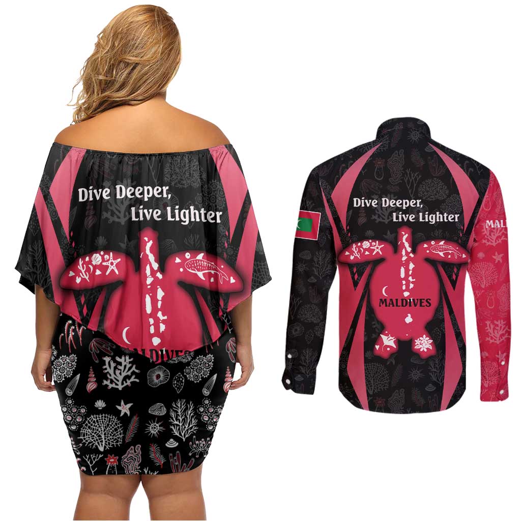 Maldives Dive Turtle Couples Matching Off Shoulder Short Dress and Long Sleeve Button Shirt with Coral Reef Pattern and Island Spirit Slogan