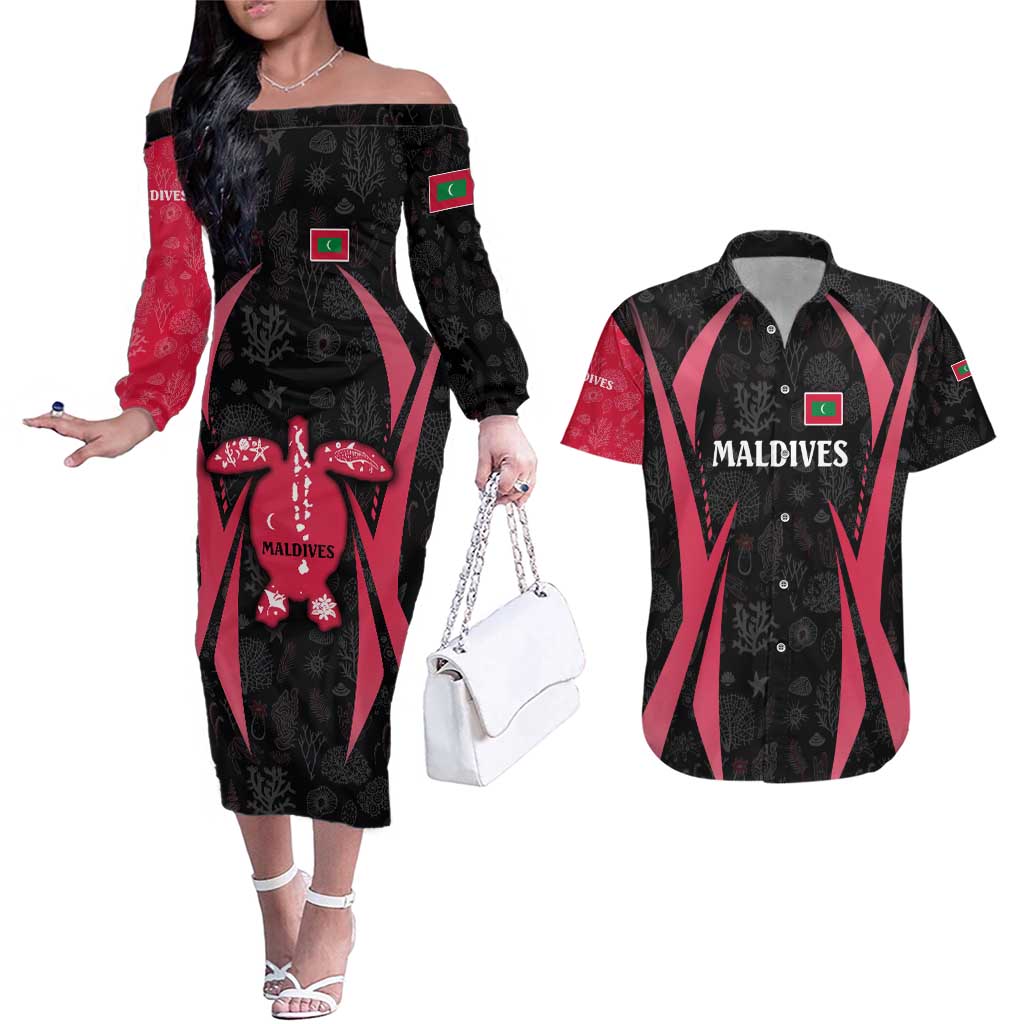 Maldives Dive Turtle Couples Matching Off The Shoulder Long Sleeve Dress and Hawaiian Shirt with Coral Reef Pattern and Island Spirit Slogan