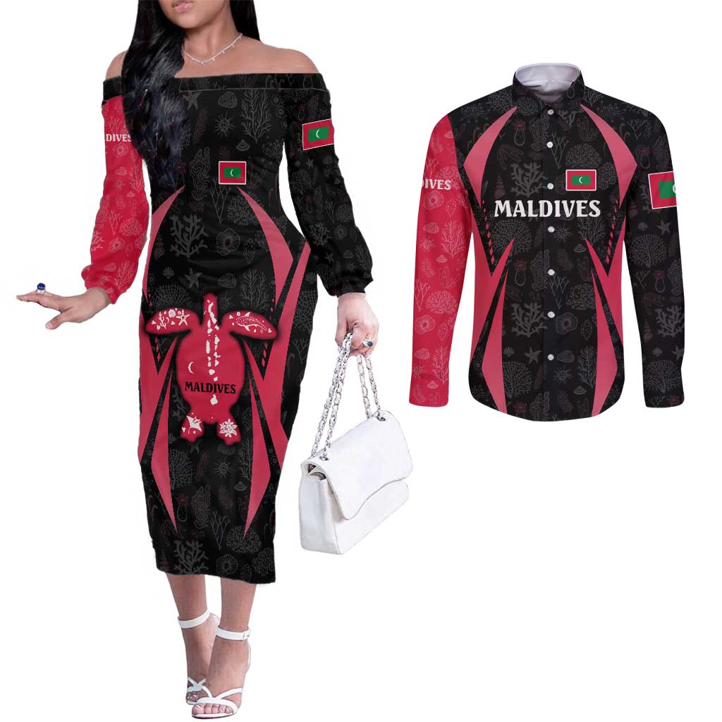 Maldives Dive Turtle Couples Matching Off The Shoulder Long Sleeve Dress and Long Sleeve Button Shirt with Coral Reef Pattern and Island Spirit Slogan