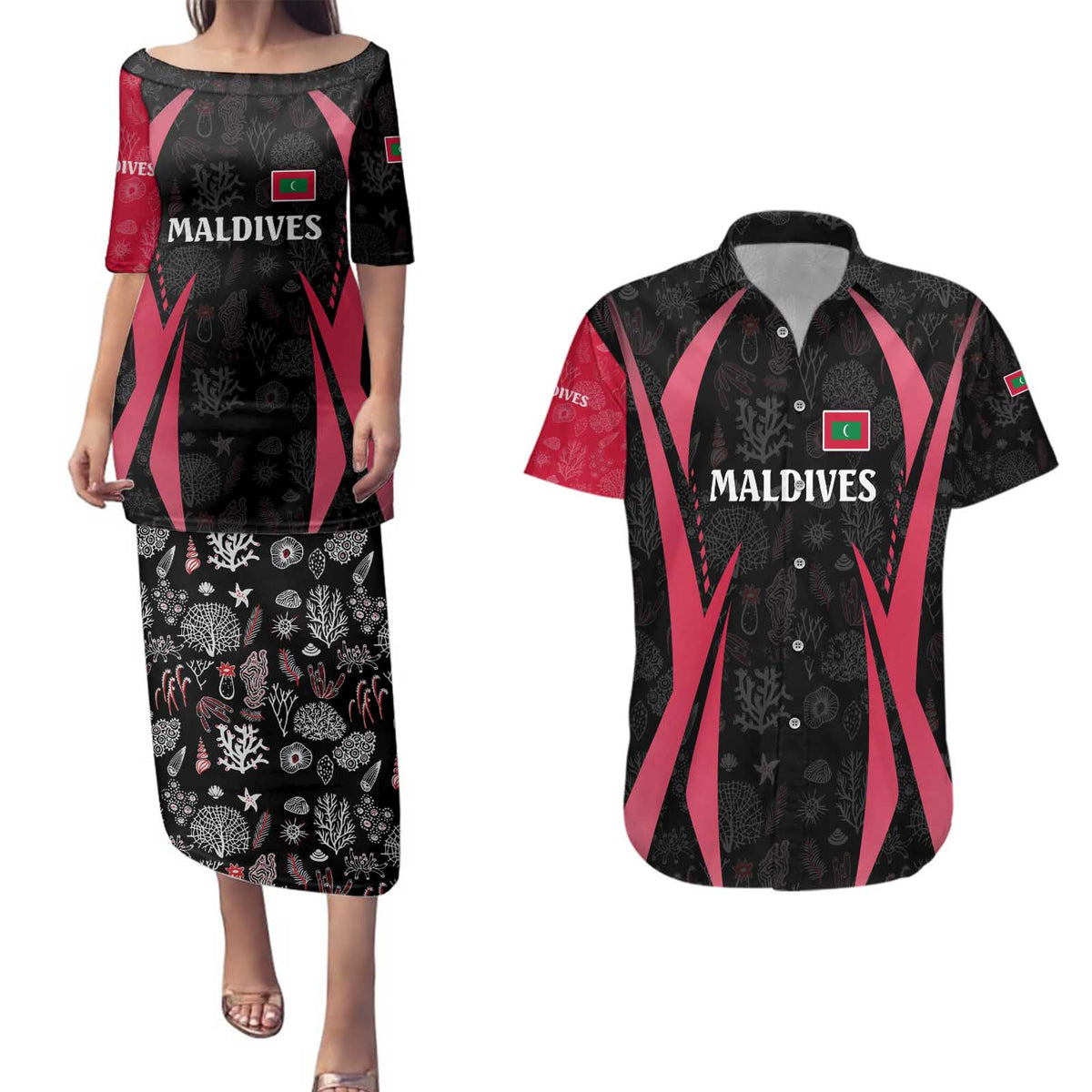 Maldives Dive Turtle Couples Matching Puletasi and Hawaiian Shirt with Coral Reef Pattern and Island Spirit Slogan