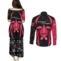 Maldives Dive Turtle Couples Matching Puletasi and Long Sleeve Button Shirt with Coral Reef Pattern and Island Spirit Slogan