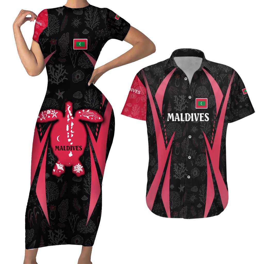 Maldives Dive Turtle Couples Matching Short Sleeve Bodycon Dress and Hawaiian Shirt with Coral Reef Pattern and Island Spirit Slogan