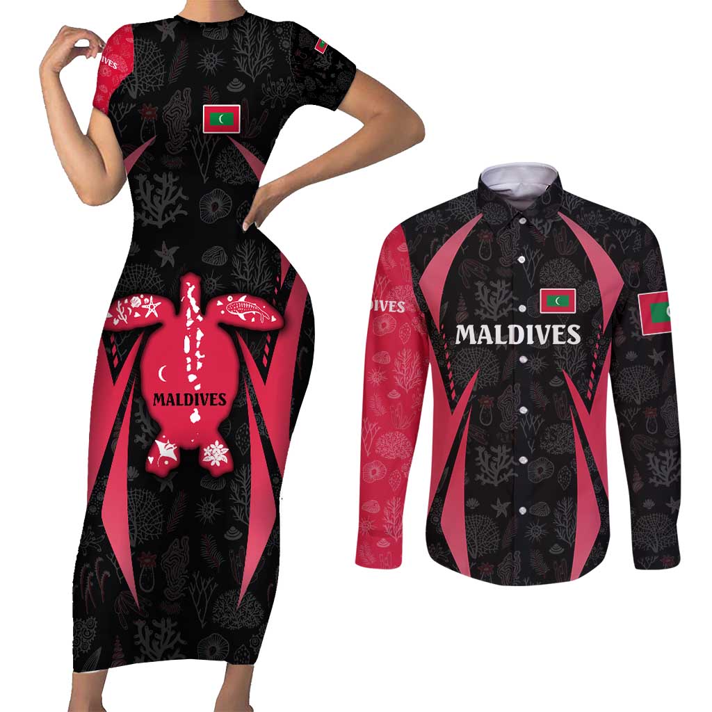 Maldives Dive Turtle Couples Matching Short Sleeve Bodycon Dress and Long Sleeve Button Shirt with Coral Reef Pattern and Island Spirit Slogan