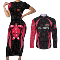 Maldives Dive Turtle Couples Matching Short Sleeve Bodycon Dress and Long Sleeve Button Shirt with Coral Reef Pattern and Island Spirit Slogan