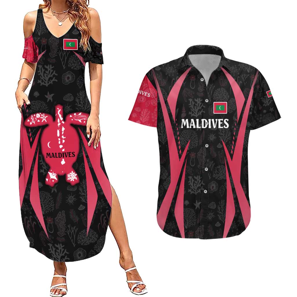Maldives Dive Turtle Couples Matching Summer Maxi Dress and Hawaiian Shirt with Coral Reef Pattern and Island Spirit Slogan