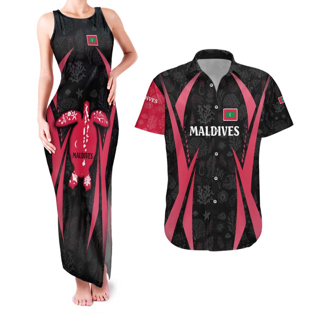 Maldives Dive Turtle Couples Matching Tank Maxi Dress and Hawaiian Shirt with Coral Reef Pattern and Island Spirit Slogan