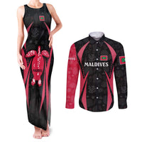 Maldives Dive Turtle Couples Matching Tank Maxi Dress and Long Sleeve Button Shirt with Coral Reef Pattern and Island Spirit Slogan