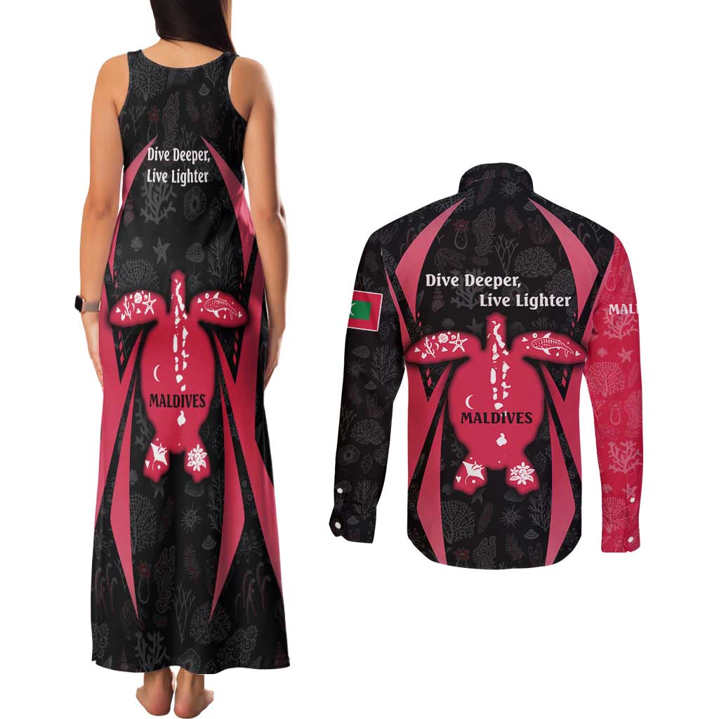 Maldives Dive Turtle Couples Matching Tank Maxi Dress and Long Sleeve Button Shirt with Coral Reef Pattern and Island Spirit Slogan