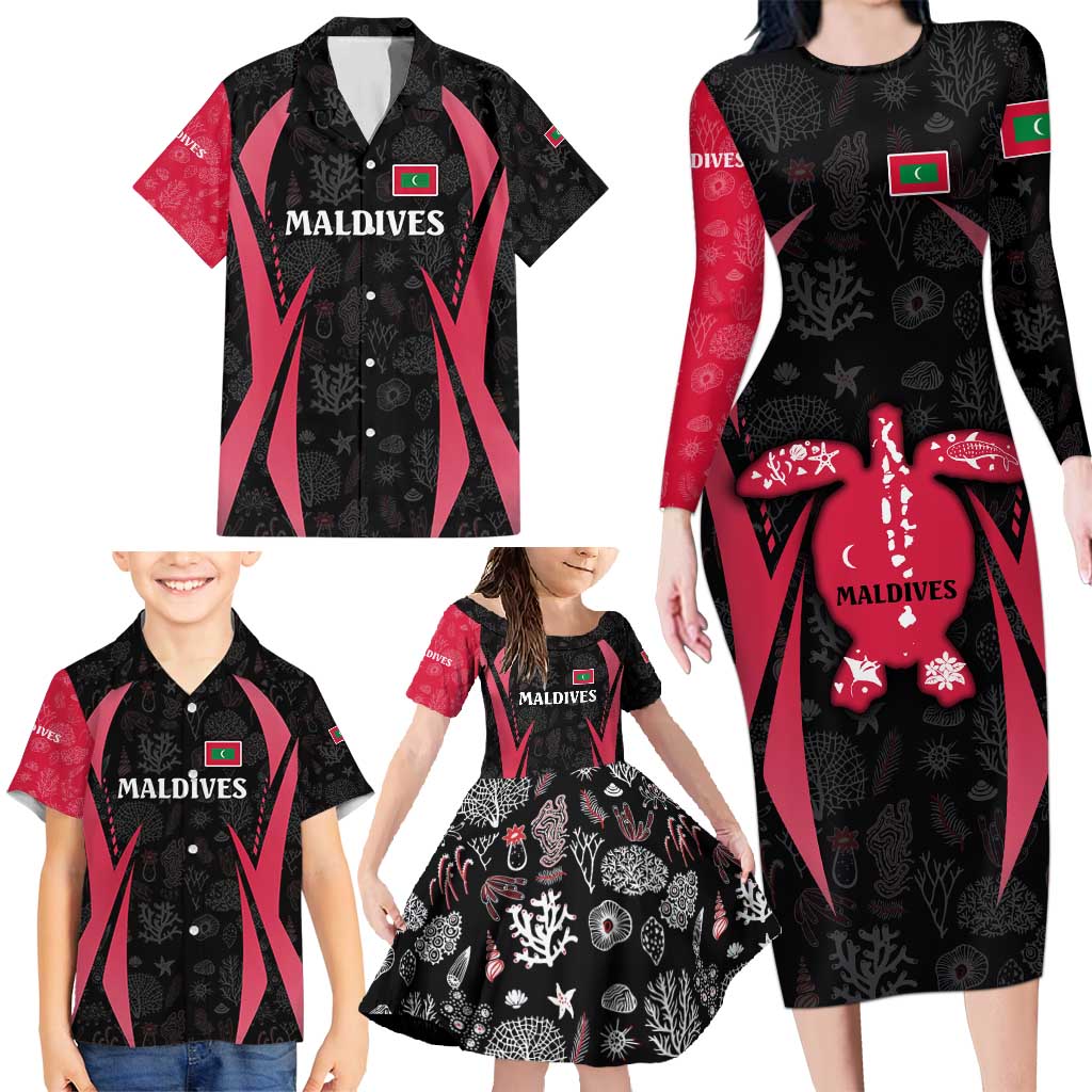 Maldives Dive Turtle Family Matching Long Sleeve Bodycon Dress and Hawaiian Shirt with Coral Reef Pattern and Island Spirit Slogan