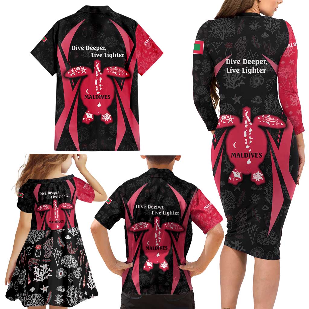 Maldives Dive Turtle Family Matching Long Sleeve Bodycon Dress and Hawaiian Shirt with Coral Reef Pattern and Island Spirit Slogan