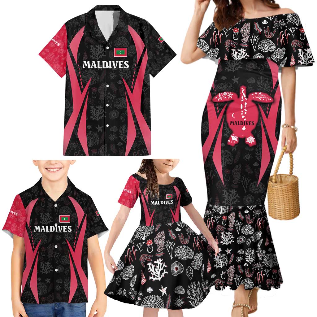 Maldives Dive Turtle Family Matching Mermaid Dress and Hawaiian Shirt with Coral Reef Pattern and Island Spirit Slogan