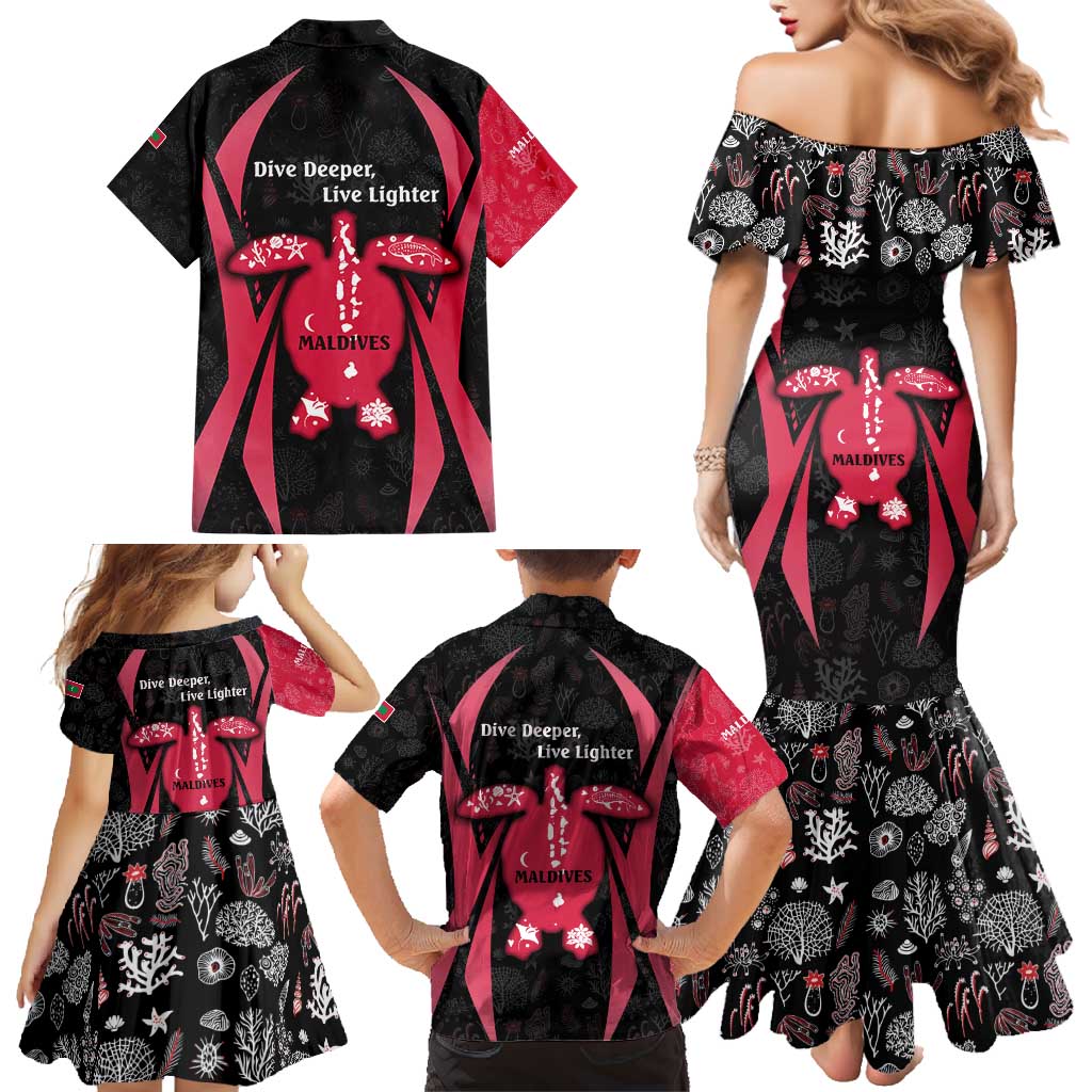 Maldives Dive Turtle Family Matching Mermaid Dress and Hawaiian Shirt with Coral Reef Pattern and Island Spirit Slogan