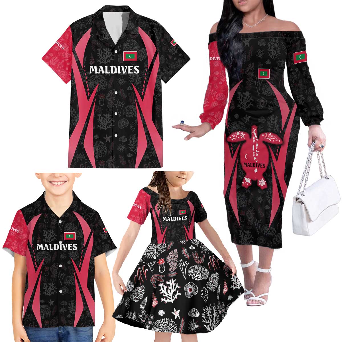 Maldives Dive Turtle Family Matching Off The Shoulder Long Sleeve Dress and Hawaiian Shirt with Coral Reef Pattern and Island Spirit Slogan