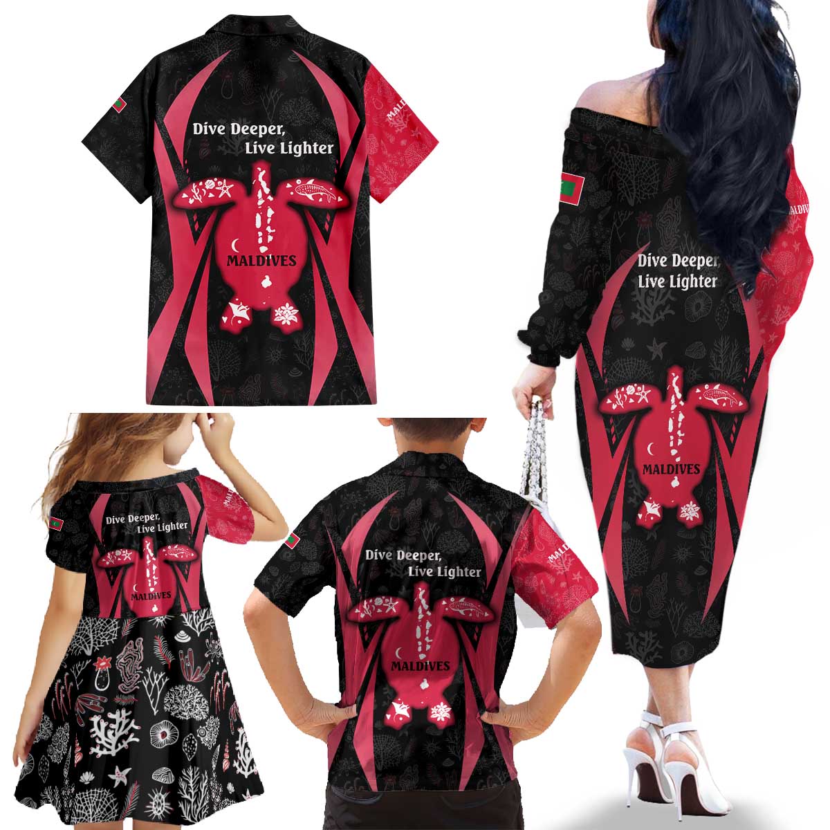 Maldives Dive Turtle Family Matching Off The Shoulder Long Sleeve Dress and Hawaiian Shirt with Coral Reef Pattern and Island Spirit Slogan