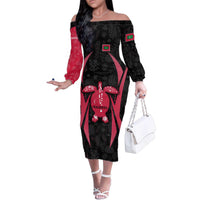 Maldives Dive Turtle Family Matching Off The Shoulder Long Sleeve Dress and Hawaiian Shirt with Coral Reef Pattern and Island Spirit Slogan