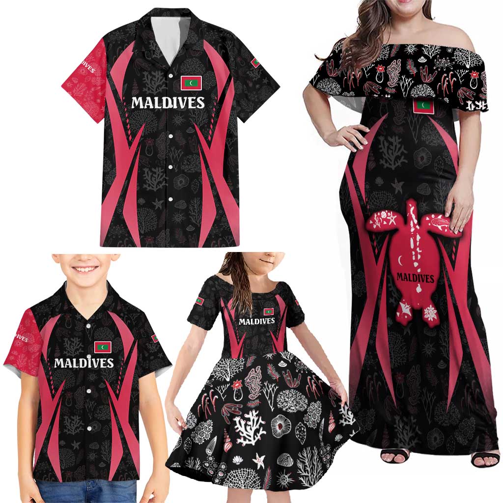 Maldives Dive Turtle Family Matching Off Shoulder Maxi Dress and Hawaiian Shirt with Coral Reef Pattern and Island Spirit Slogan