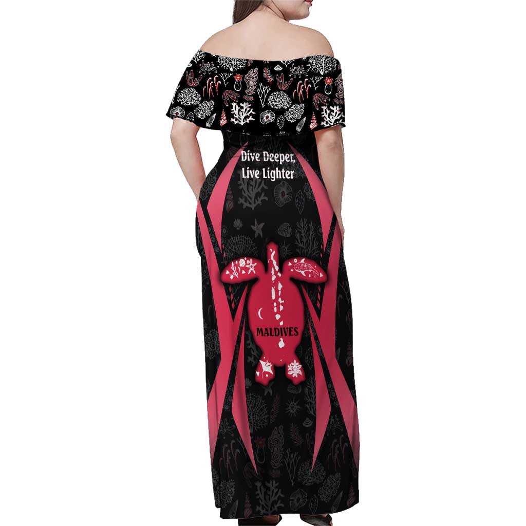 Maldives Dive Turtle Family Matching Off Shoulder Maxi Dress and Hawaiian Shirt with Coral Reef Pattern and Island Spirit Slogan