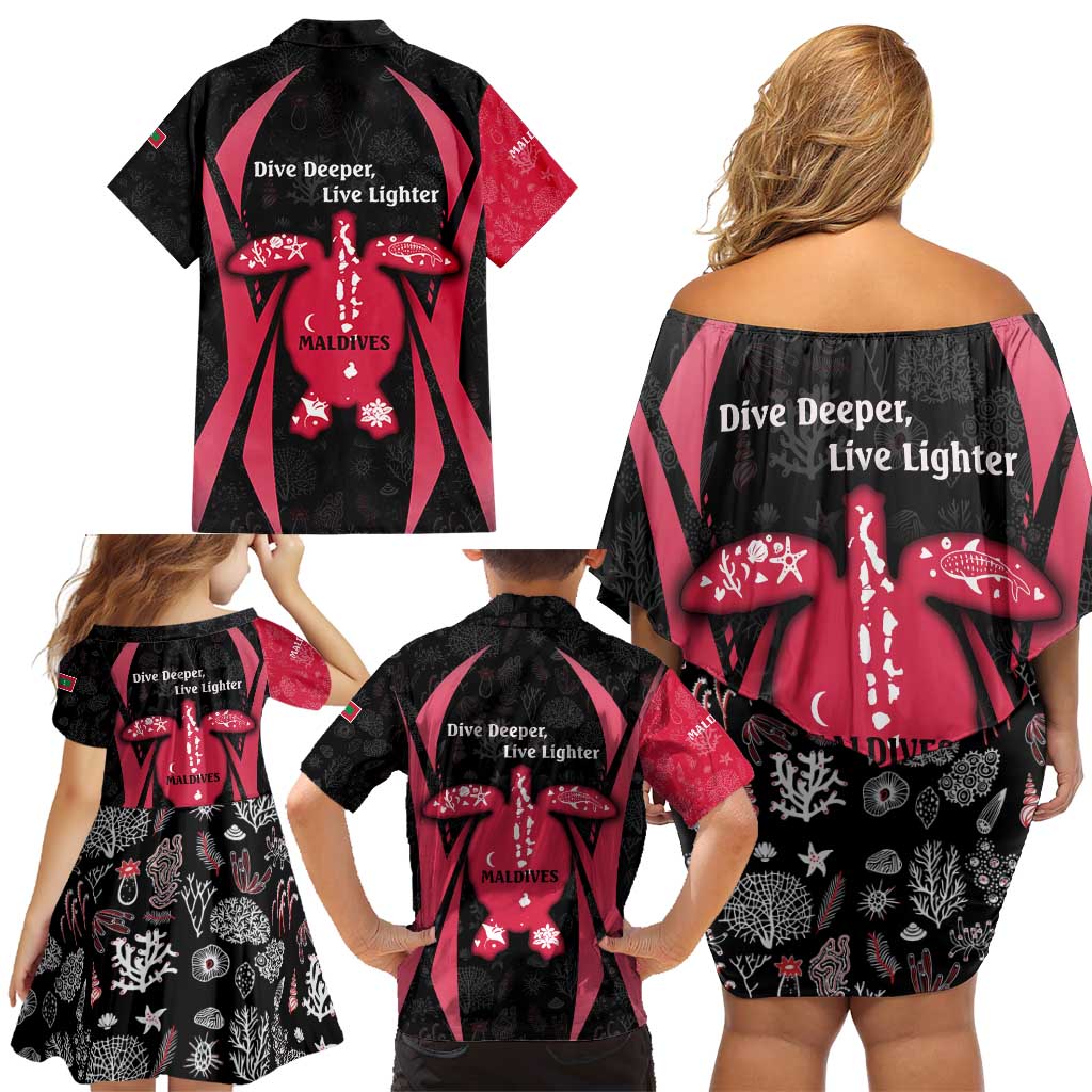 Maldives Dive Turtle Family Matching Off Shoulder Short Dress and Hawaiian Shirt with Coral Reef Pattern and Island Spirit Slogan
