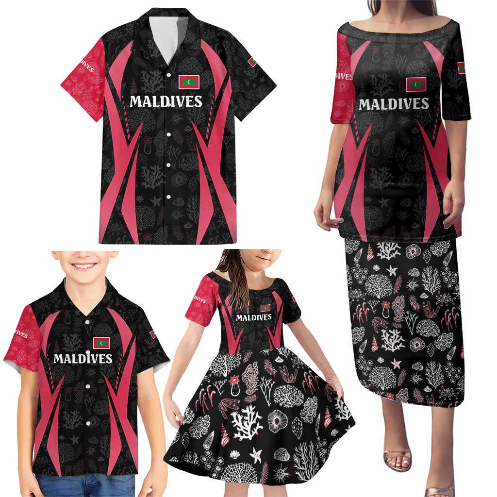 Maldives Dive Turtle Family Matching Puletasi and Hawaiian Shirt with Coral Reef Pattern and Island Spirit Slogan