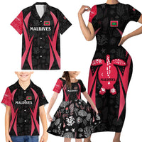 Maldives Dive Turtle Family Matching Short Sleeve Bodycon Dress and Hawaiian Shirt with Coral Reef Pattern and Island Spirit Slogan