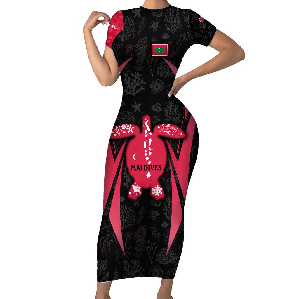 Maldives Dive Turtle Family Matching Short Sleeve Bodycon Dress and Hawaiian Shirt with Coral Reef Pattern and Island Spirit Slogan