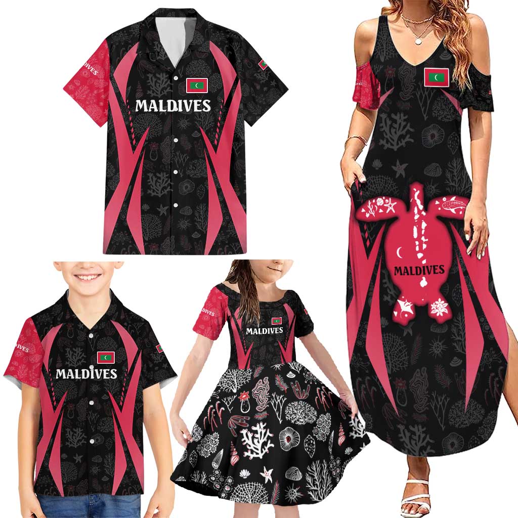 Maldives Dive Turtle Family Matching Summer Maxi Dress and Hawaiian Shirt with Coral Reef Pattern and Island Spirit Slogan