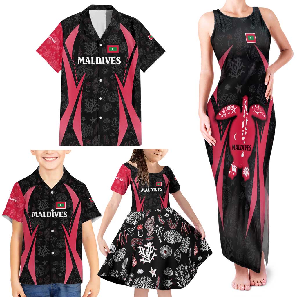 Maldives Dive Turtle Family Matching Tank Maxi Dress and Hawaiian Shirt with Coral Reef Pattern and Island Spirit Slogan